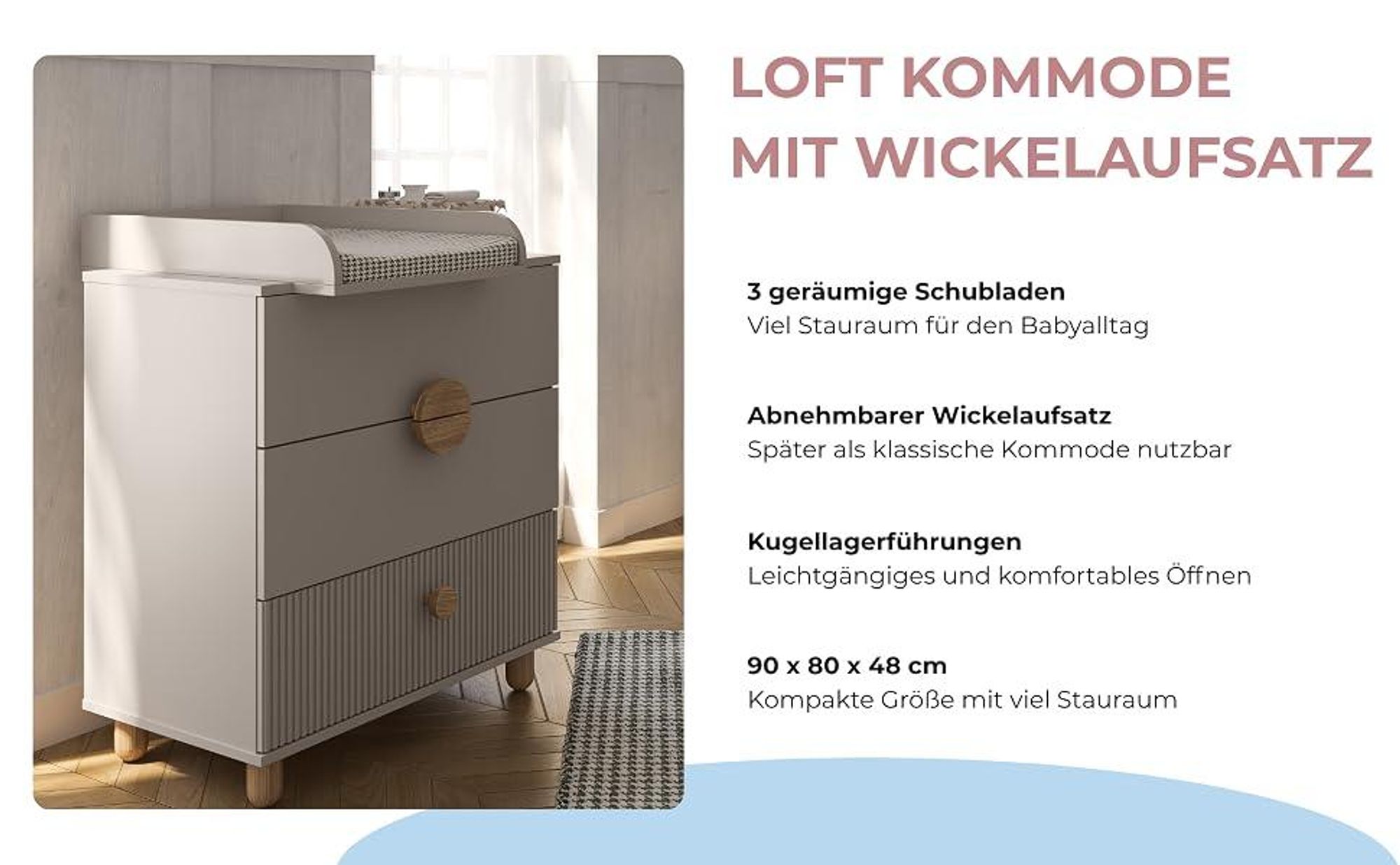 ZEE BAMBI Mint Babybett Set 120x60 cm mit Barriere + Wickelkommode LOFT mit Wickeltisch Höhenverstellbar Kinderbett mit Beißschutz