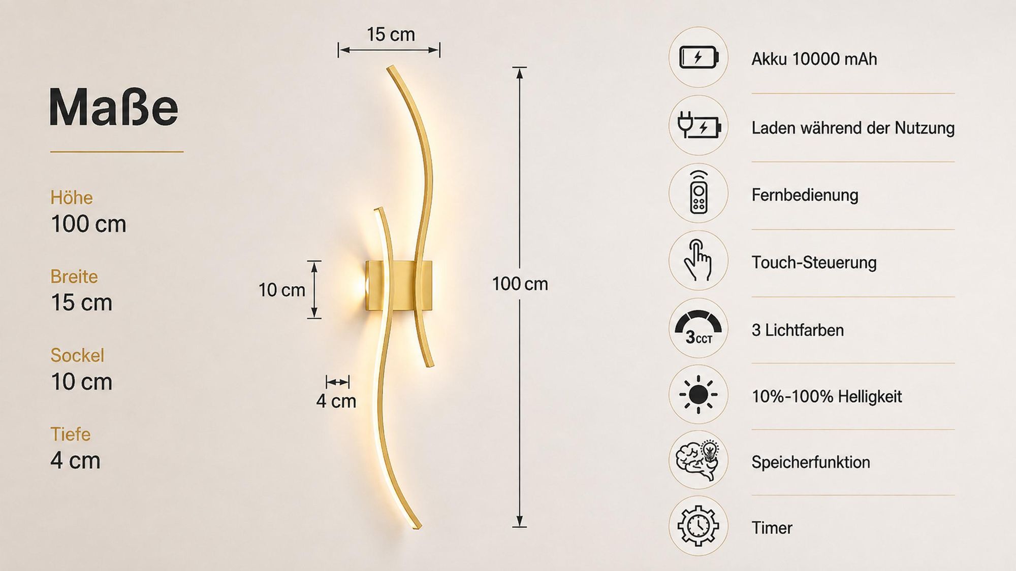 Akku Wandleuchte 100cm 2er Set - Kabellos Dimmbar 3000K-6000K USB-C Wiederaufladbar Wandlampe mit Fernbedienung Gold Wohnzimmer Flur Treppenhaus