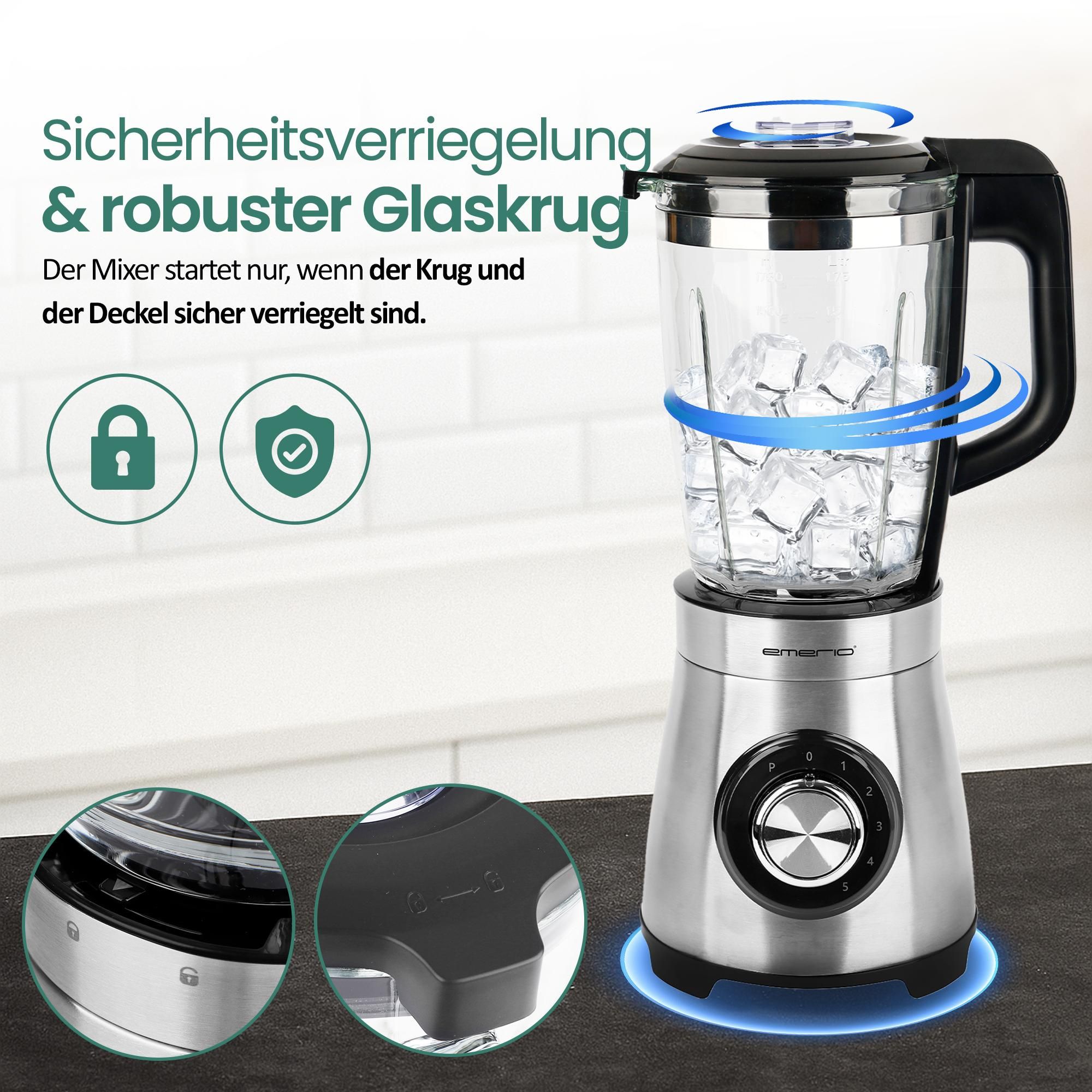 Emerio Blender 1,75 l – 1000W Smoothie-Maker mit 5 Geschwindigkeitsstufen und Glaskanne – Edelstahlmesser, spülmaschinengeeignet – BL-126794