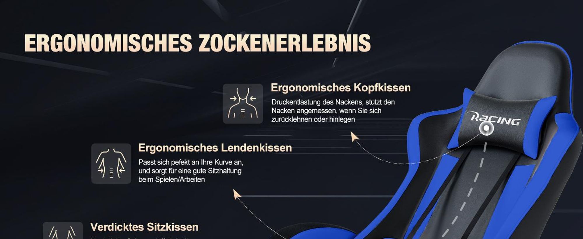 Portreen Gaming Stuhl,Bürostuhl Ergonomischer Gaming Sessel mit Lendenwirbelstütze Fußstütze, gepolstert,Kopfkissen Gaming Stuhl, 150kg Gaming Chair