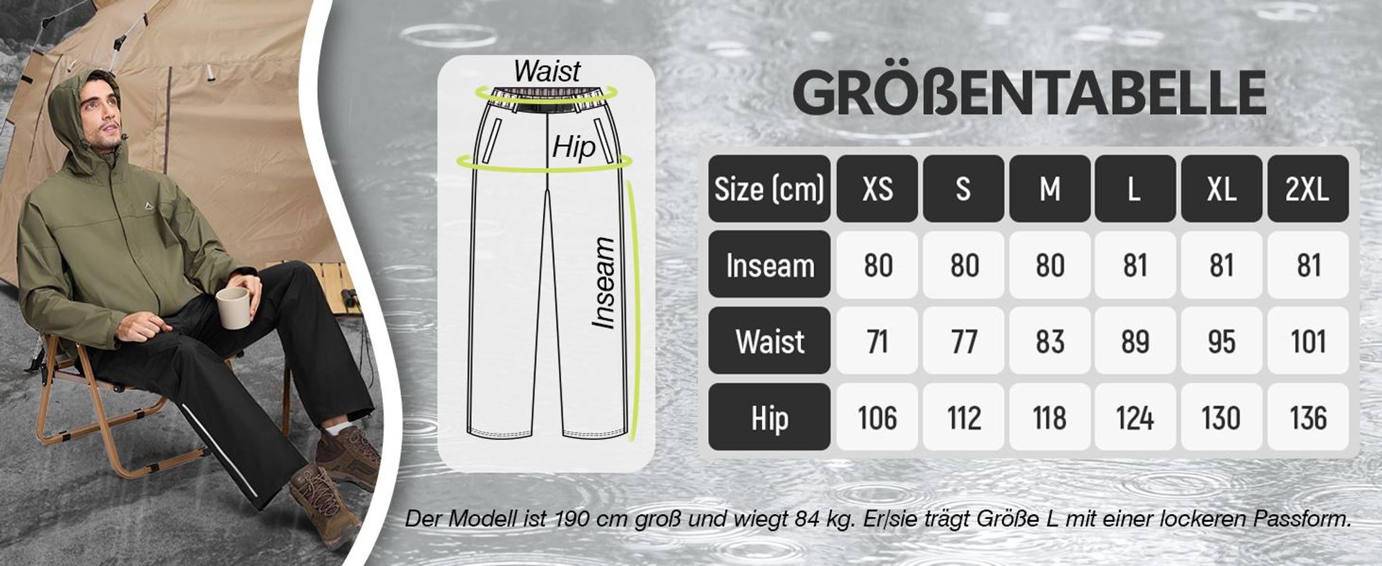 BUBW Herren Outdoor Regenhose Schwarz L, wasserdicht winddicht, leichte packbare Hose mit reflektierenden Streifen zum Wandern Radfahren Angeln
