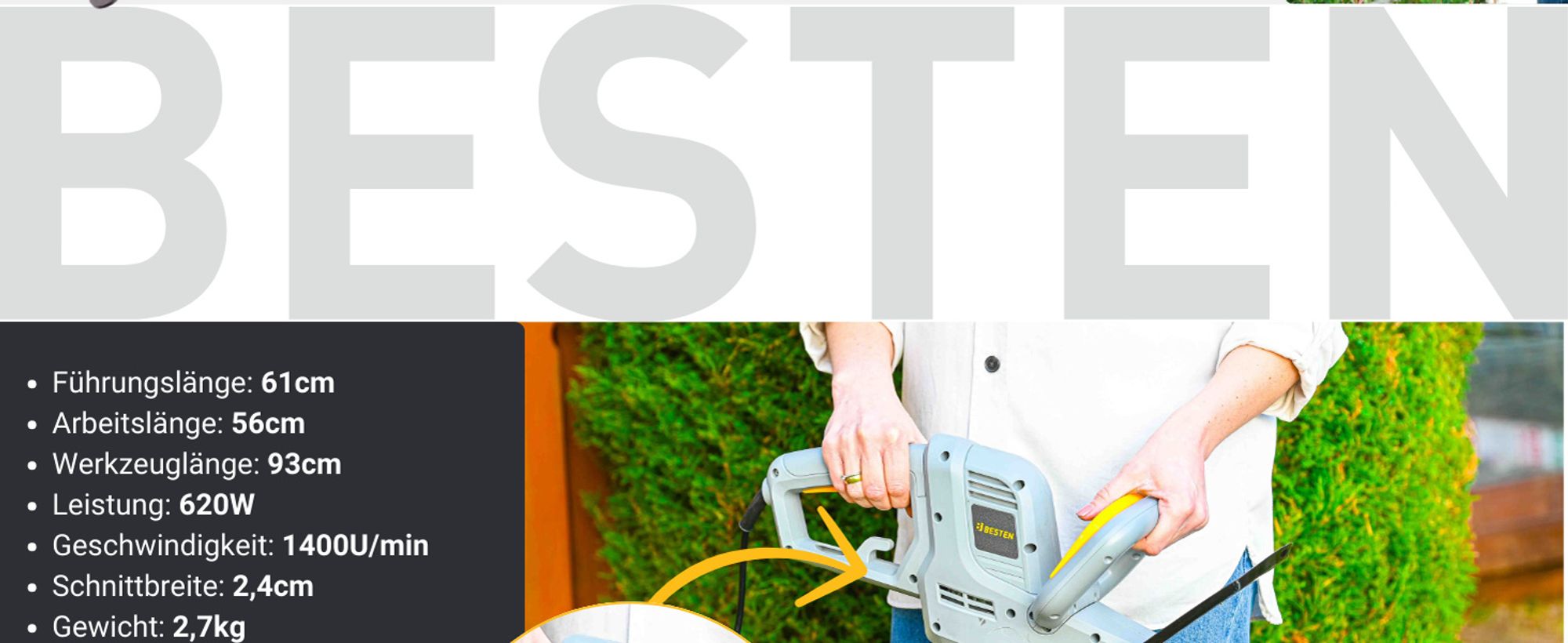 BESTEN Heckenschere Netz, Strauch-Astschere, Gartenschere, 620W, 56cm Arbeitsklinge