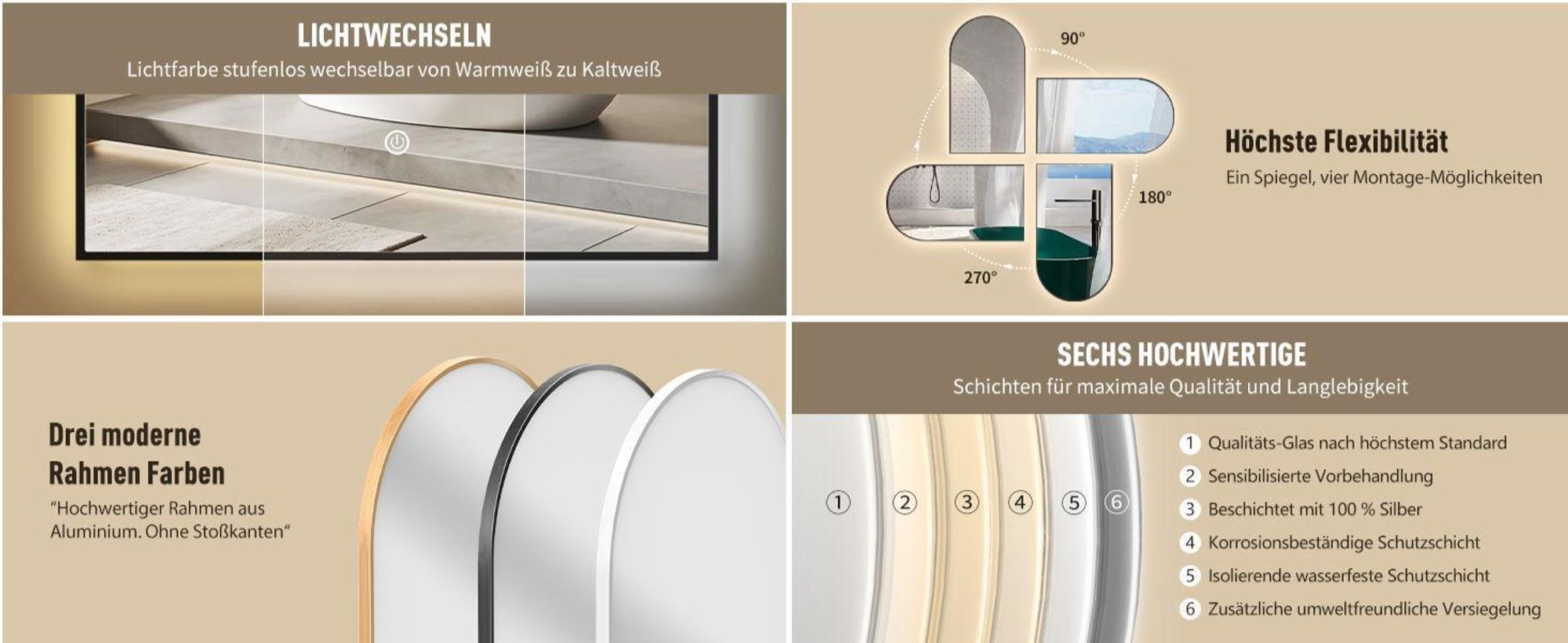 HOKO Badspiegel Bogen LED 60x100cm mit Metallrahmen, HOCH+QUER Montage, Arch Lichtspiegel+Touch Schalter+Licht Wechsel 2700-6500K, Warmweiß-Kaltweiß