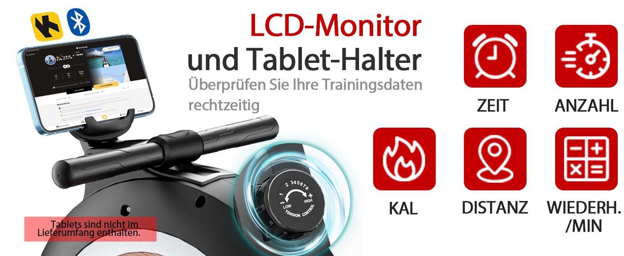 WENOKER Rudergerät mit Magnetbremse, Aluminium-Schiene, 16 Widerstandsstufen, LCD-Display, Bluetooth & Kinomap kompatibel, bis 160 kg