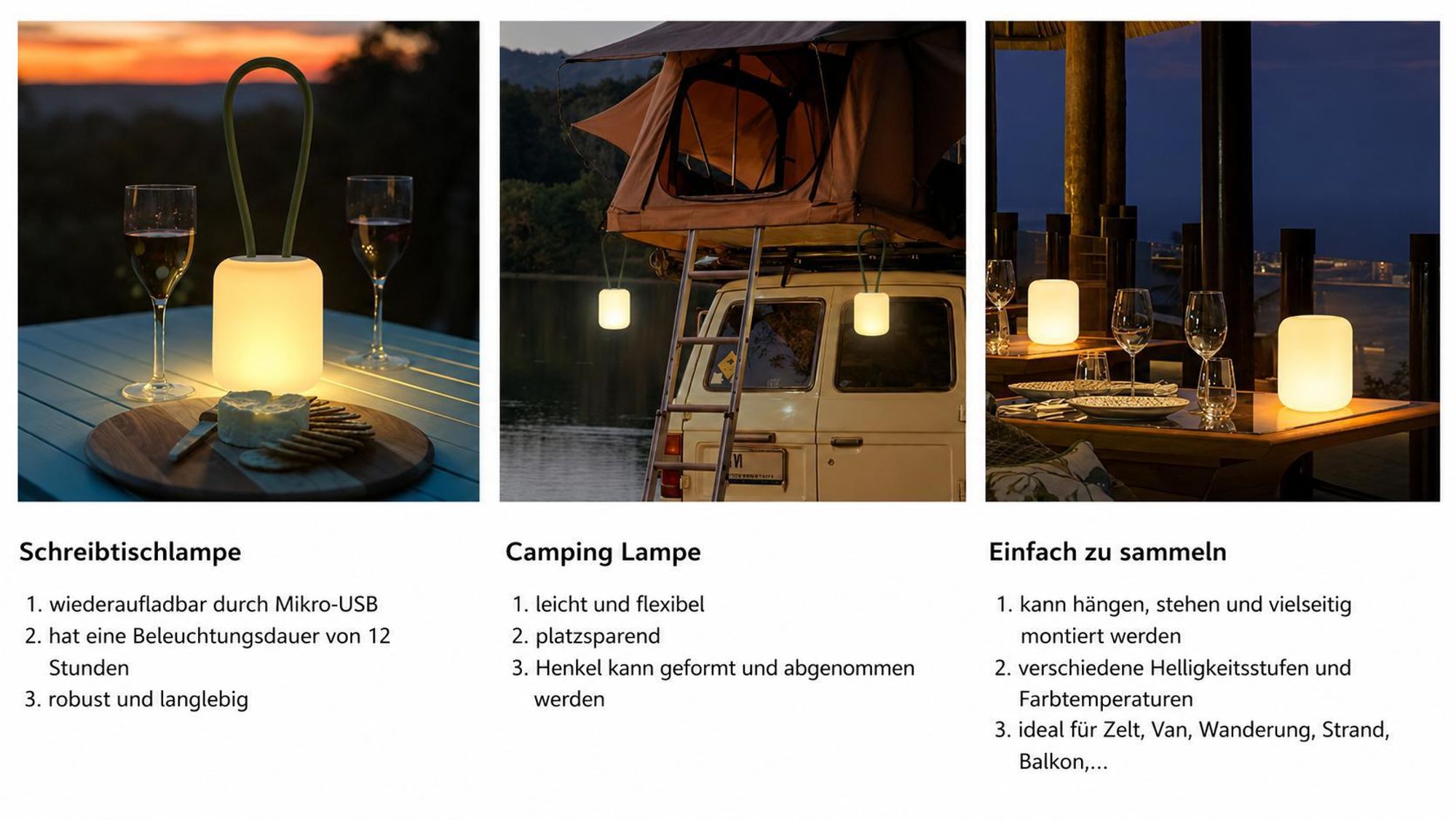 2er LED Campinglampe,USB-Aufladung Nachtlicht,flexible Outdoorlampe zum Aufhängen,Hinstellen und Montieren,dimmbare Handyhalter Campingleuchte