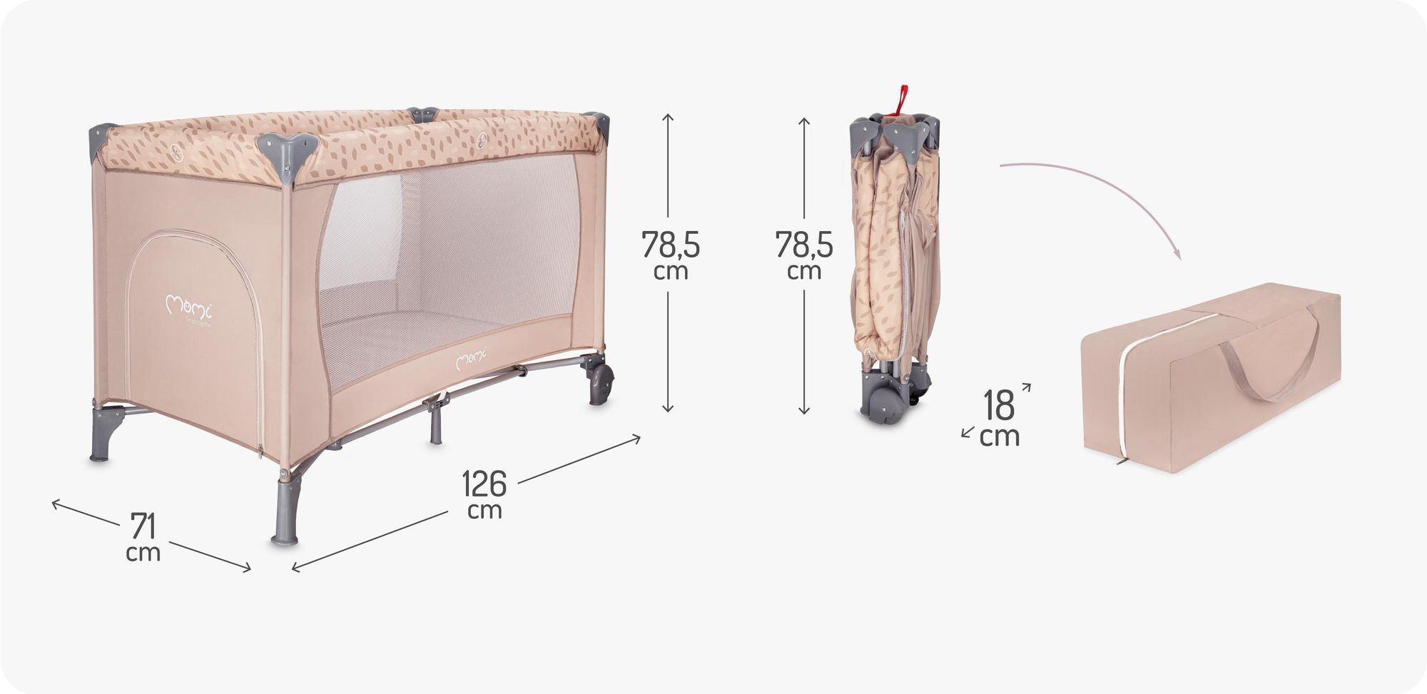 MoMi BELOVE – Reisebett mit Klappfunktion, Sicherheitsverriegelung, Seiteneingang, Tasche – Beige