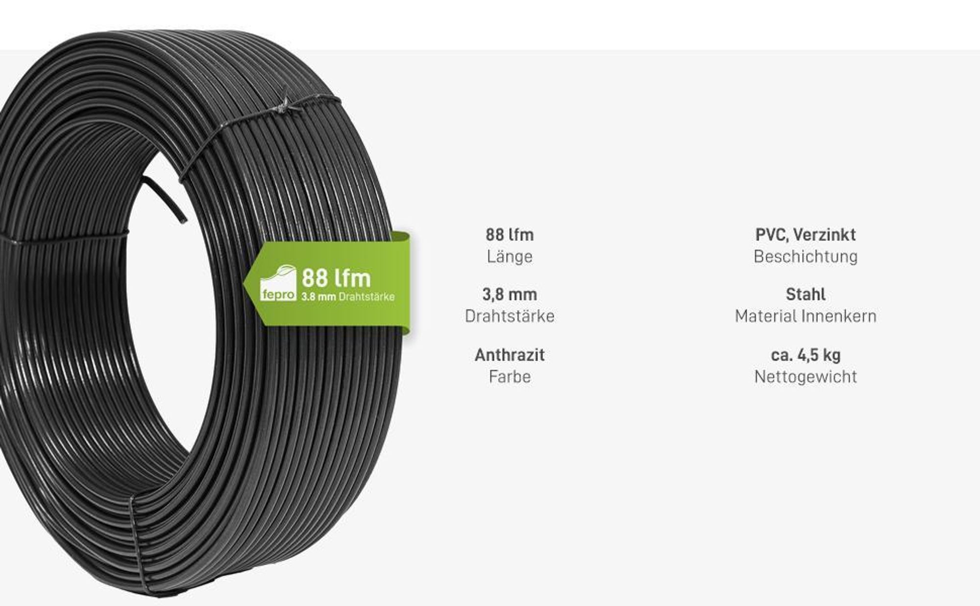 Fepro® Spanndraht, 88lfm - 3.8 mm, Pvc-beschichtet - anthrazit