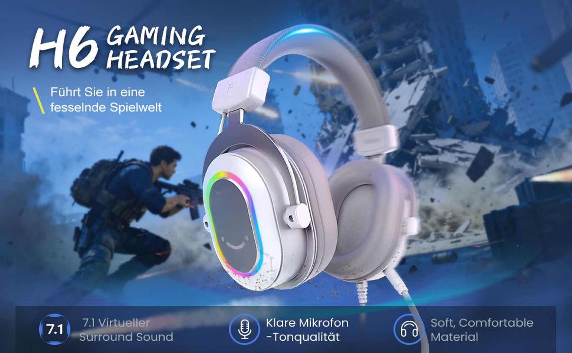 FIFINE Gaming Headset mit Mikrofon Over Ear Kopfhörer mit Kabel USB Headset, Weiß