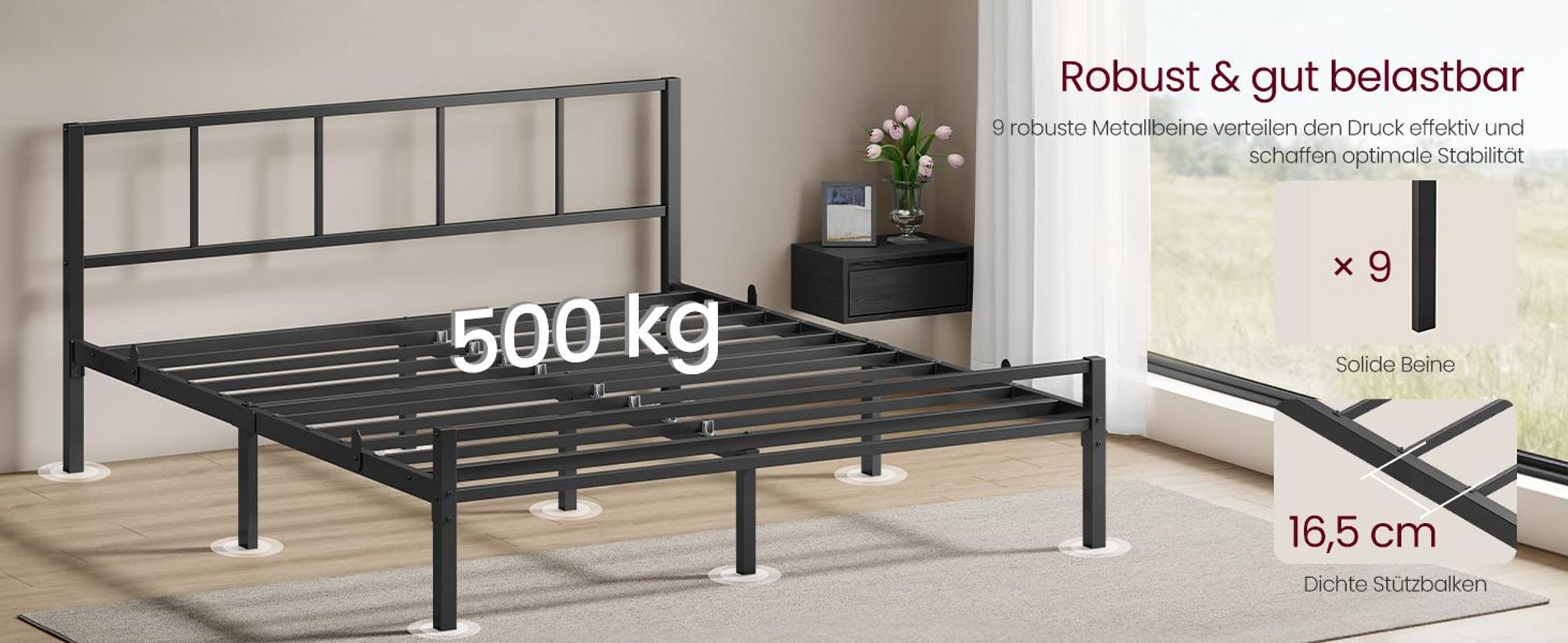 VASAGLE Metallbett 160 x 200 cm, stabiler Bettrahmen mit Kopfteil und Lattenrost, Bettgestell, einfache Montage, schwarz
