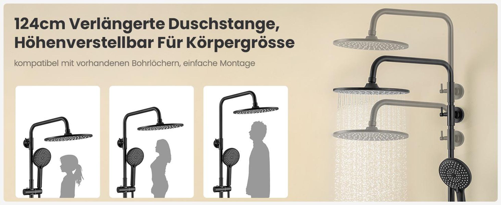 Auralum Regenduschkopf, 25 cm Durchmesser, dreistufige Handbrause, höhenverstellbar von 93–130 cm, wassersparend, Duschset aus Schwarz
