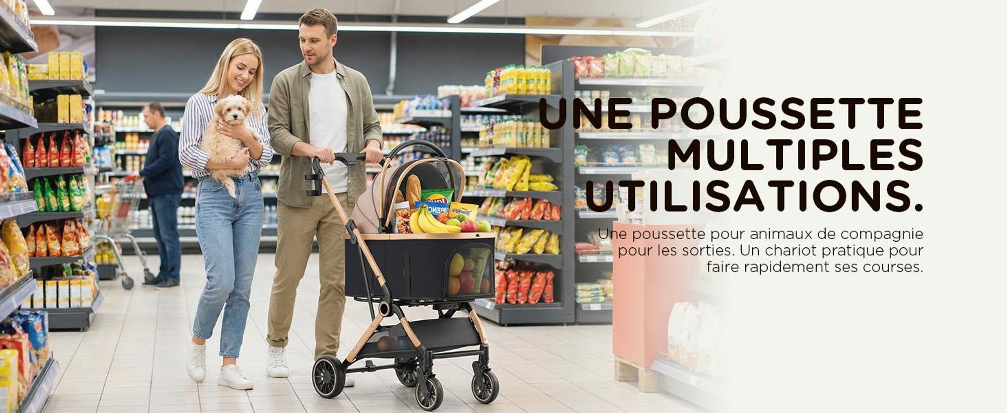 Poussette pour chien COMHOMA pliable jusqu'à 25 kg, roue avant pivotante à 360° en EVA et freins arrière, poussette pour chien 4 en 1, poussette pliable pour chat dorée