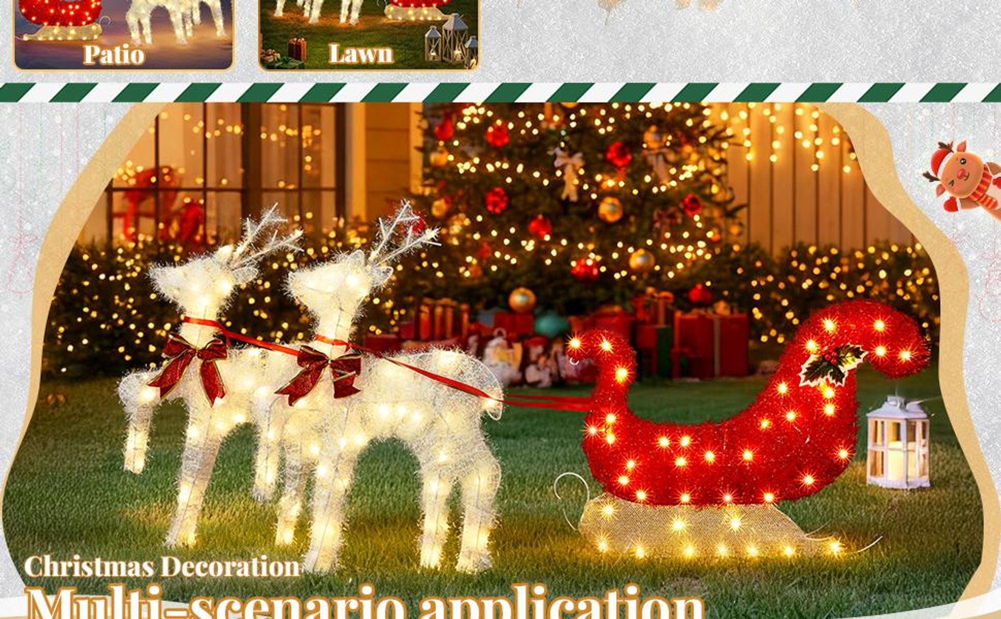 LEADZM 2-teiliges Weihnachtsbeleuchtung Rentier mit Schlitten & 135 warmweißen Lichtern, Weihnachten Deko für Außen und Innen