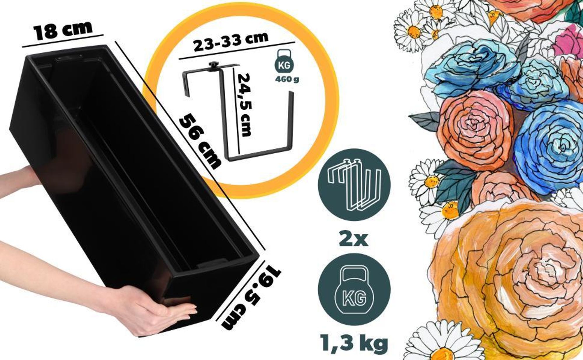 KADAX Blumentopf mit Einsatz "Fontana", 56 cm, Mit Halterungen, Glattemuster, Schwarz