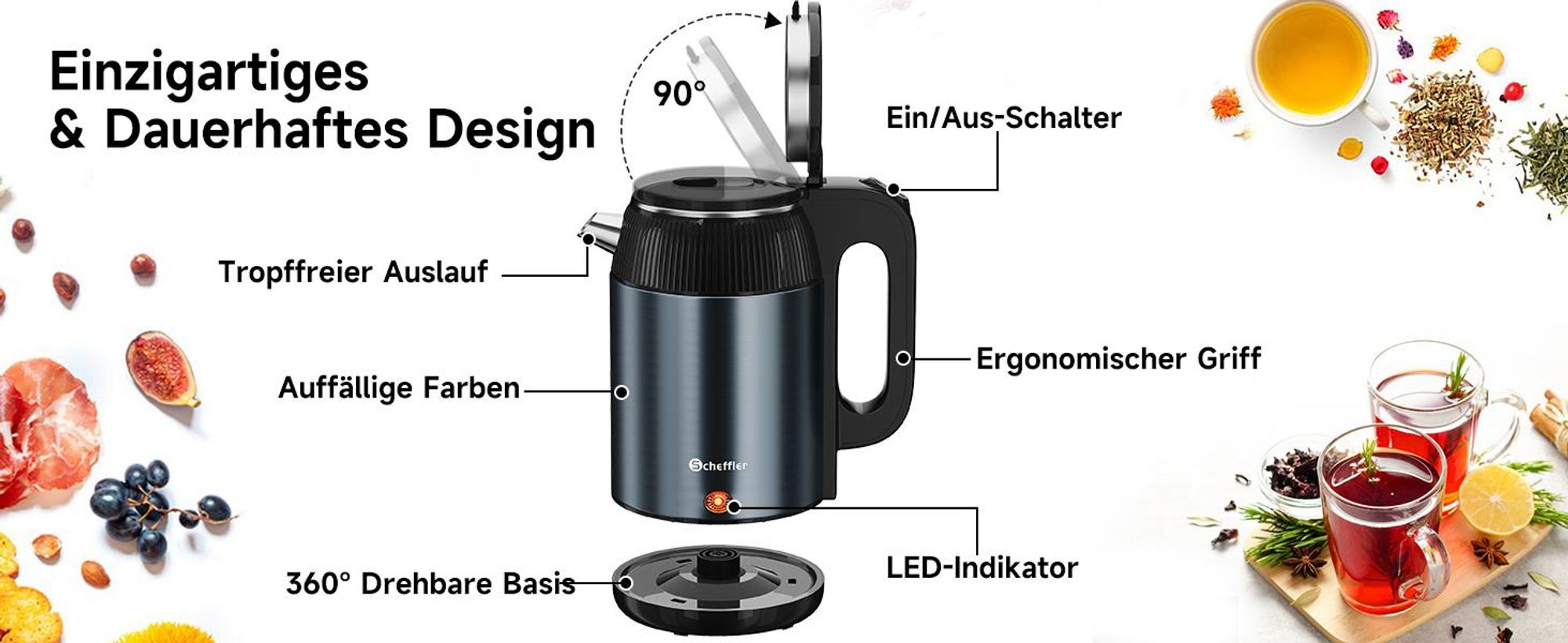 SCHEFFLER Wasserkocher Edelstahl 2,2 Liter Elektrischer Wasserkocher 1500W Teekocher, BPA Frei, Trockengehschutz Auto-Off LED-Anzeigele, Blau