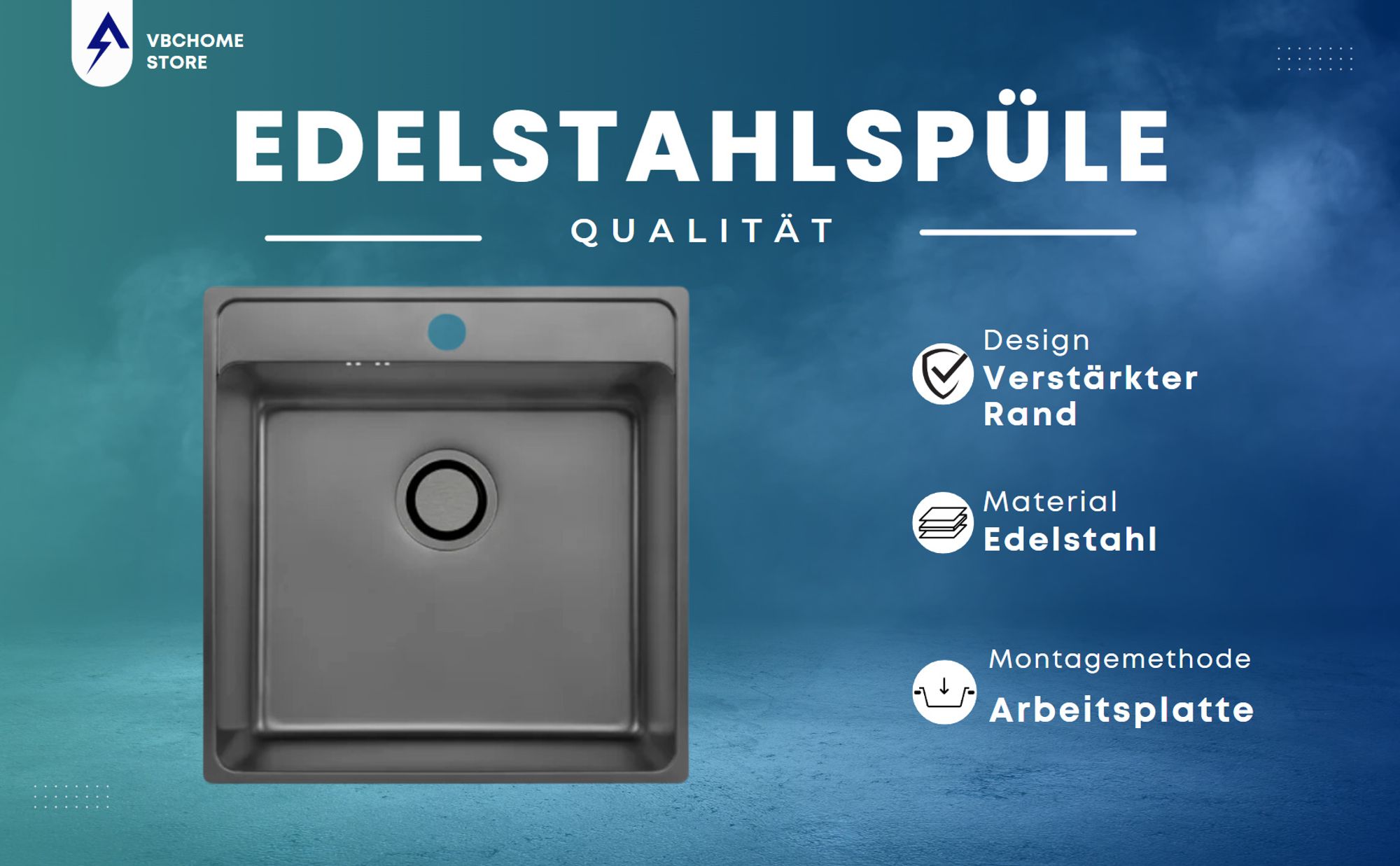 VBChome Edelstahl Einbauspüle 49x48x21 cm – Gebürsteter Inox-Stahl, Großes Becken mit Hahnloch, Küchenspüle inklusive Siphon, Robuste Edelstahlspüle