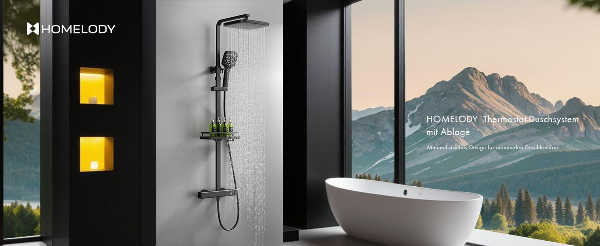 Homelody Duschsystem mit 38 °C Thermostat Edelstahl & Regal, Duscharmatur Set mit Handbrause & Kopfbrause, 3 Strahlarten, Höhenverstellbar, Schwarz