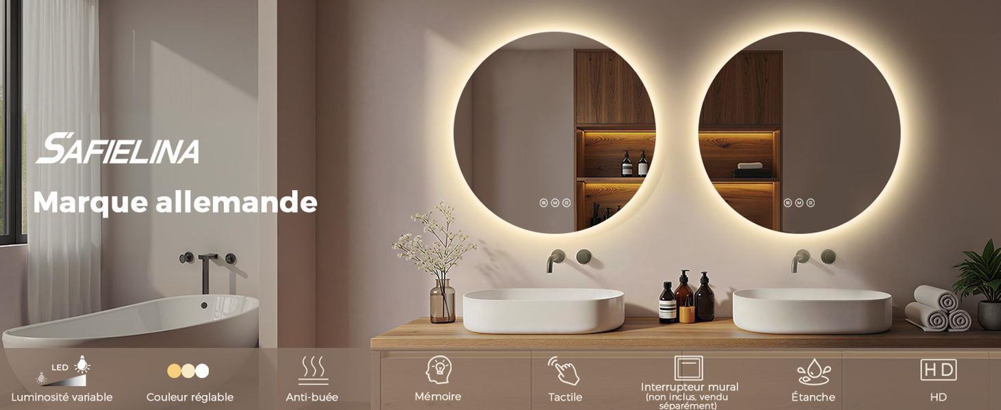 Miroir de salle de bain avec éclairage, rond, 80 cm, miroir LED S'AFIELINA, intensité réglable, 3 couleurs de lumière, anti-buée,tactile, fonction de mémorisation, IP65, étanche pour la salle de bain