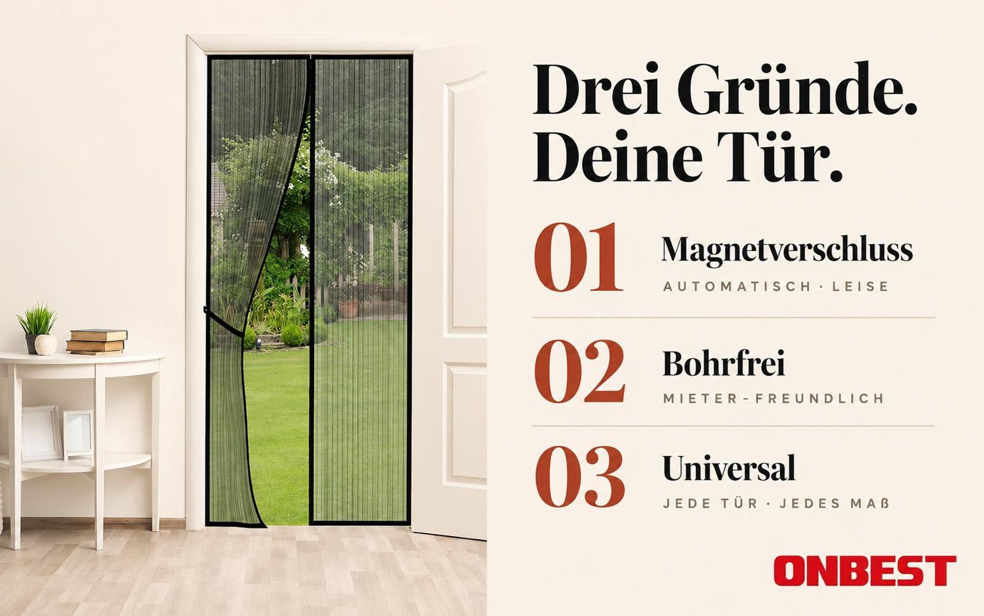 Fliegengitter Insektengitter 100x210 cm mit Reißnägel, Magnetisch | Insektenschutz Tür | Ohne Bohren | Automatisches Schließen | Schwarz