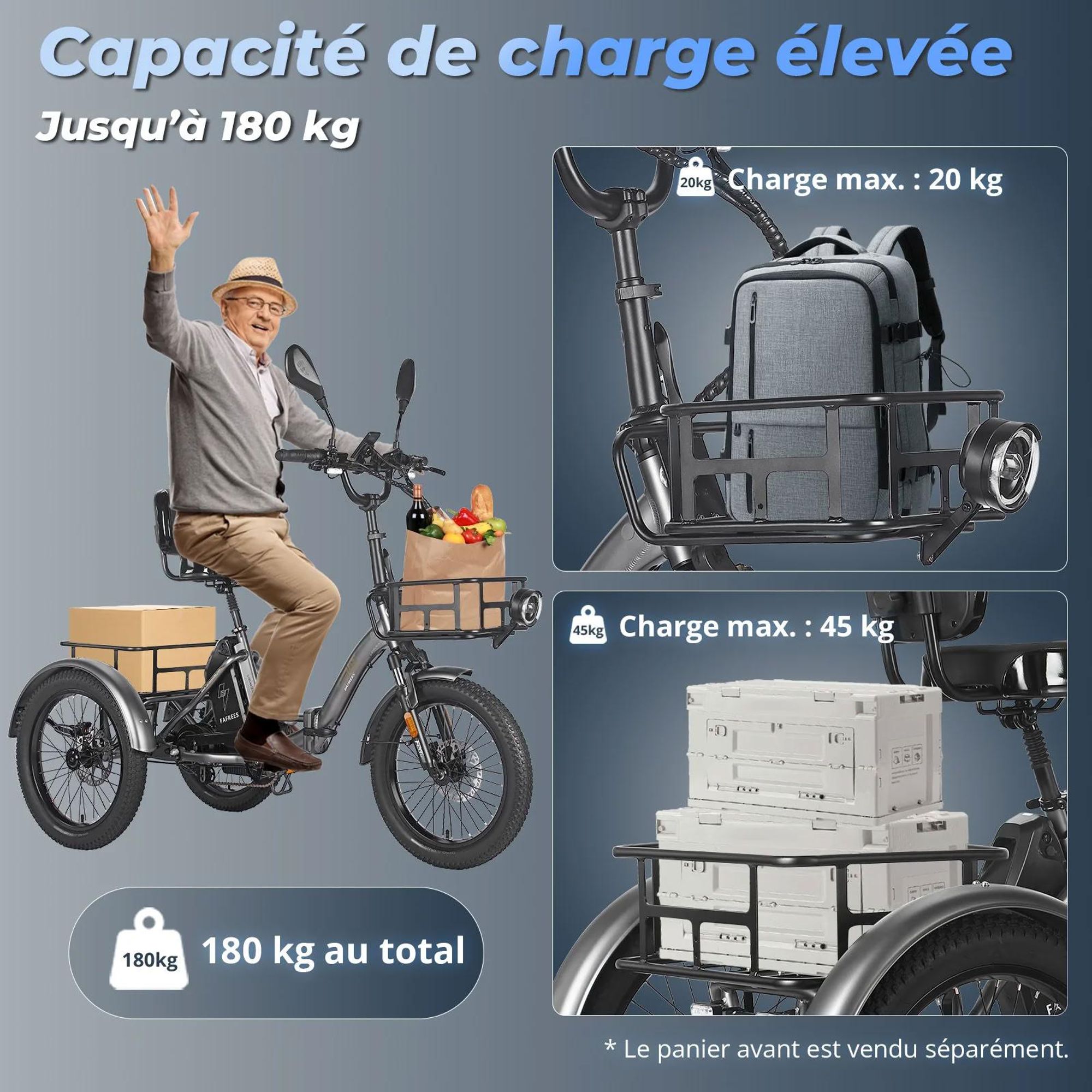 FAFREES F20 Mate Triporteur Électrique - Batterie 48V23.45AH Siège Dossier Freins Hydrauliques - Gris bleu