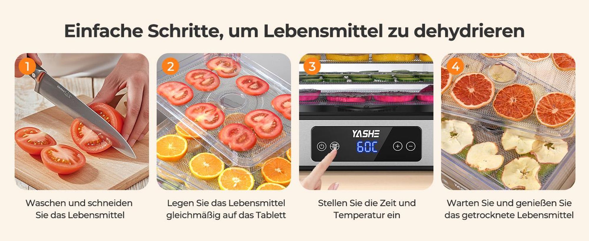 YASHE Dörrautomat FD-1019, 5 Edelstahlgitter, 400 W, 35–70 °C