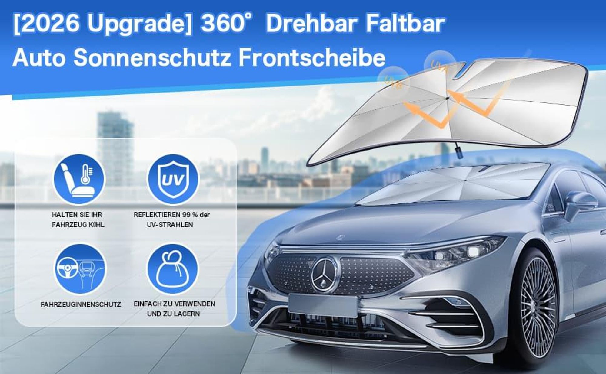 Auto Sonnenschutz Frontscheibe, 360°Drehbar, Sonnenschutz mit UV-Schutz, Sonnenschirm mit Verstellbarer Stange, für die meisten Autos SUVs, 140 x 80cm