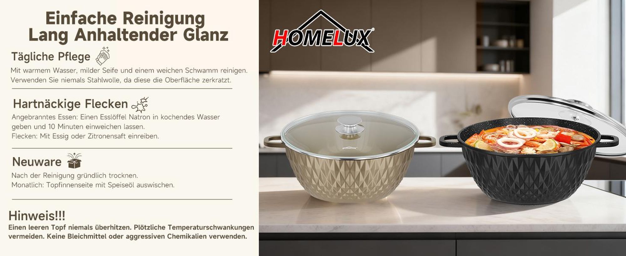 HOMELUX Topfset Induktion 8-teilig, 20/24/28/32cm Kochtopf Set mit Antihaftbeschichtet, Kochtöpfe Induktions für Alle Herdarten, Diamantform & Schwarz