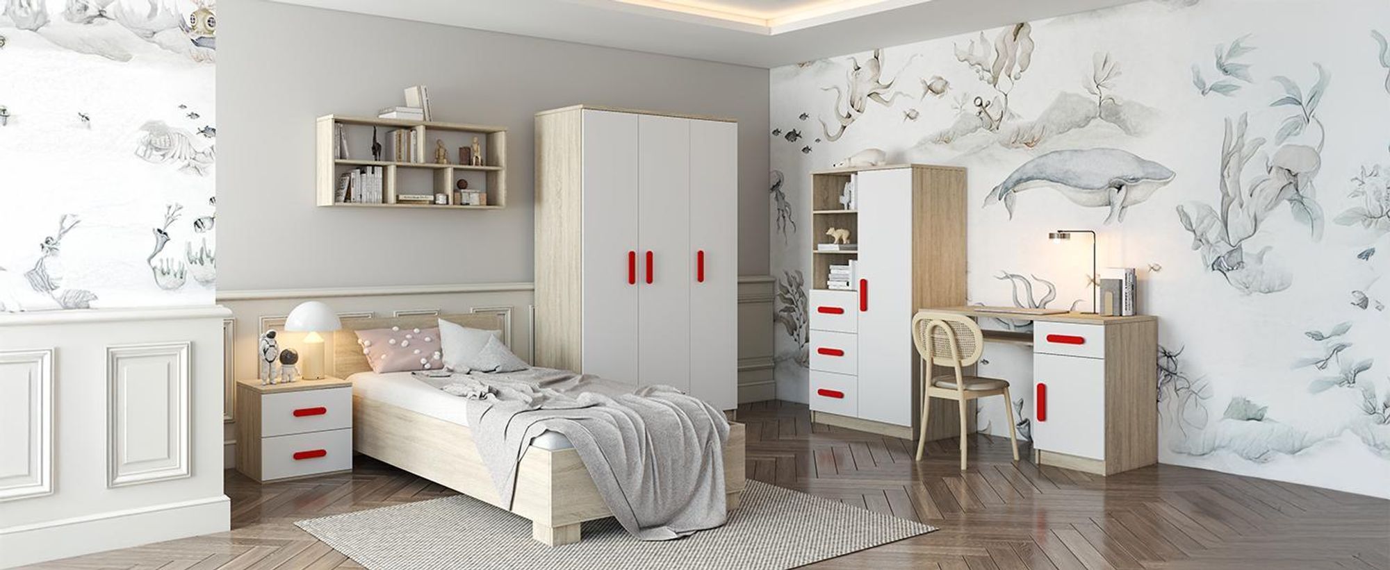 Drehtürenschrank, Kinderkleiderschrank 120 cm Sonoma Eiche/Weiß, grüne Griffe JONAS III 19