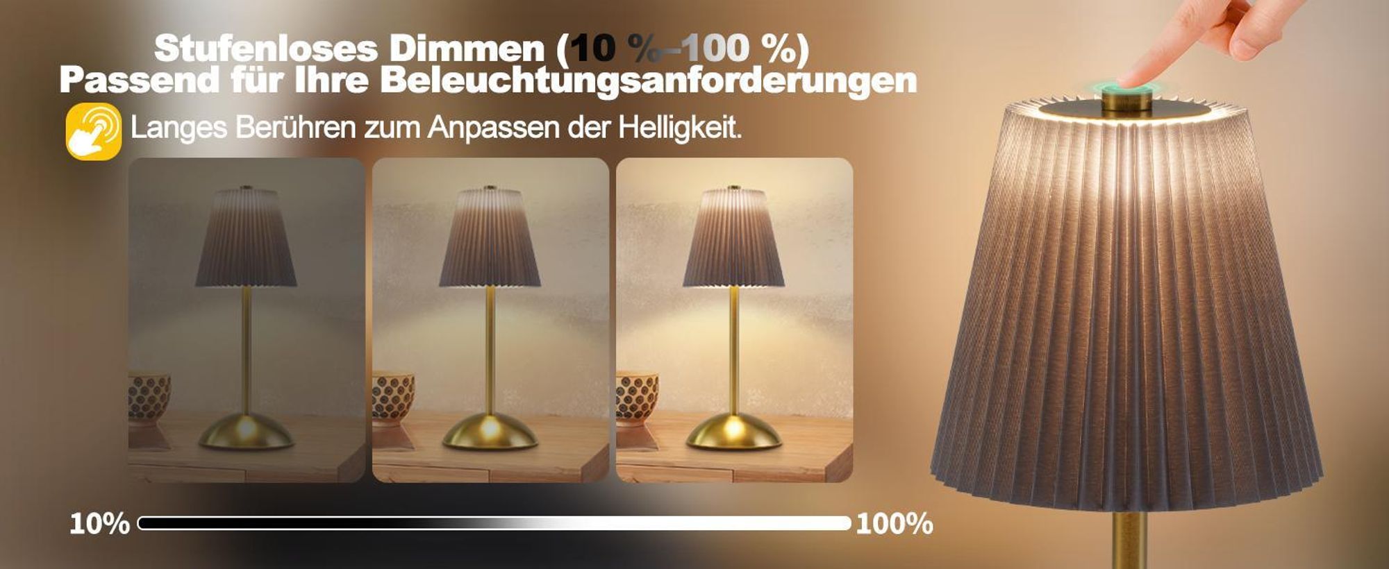 ZMH noční lampa sada 2 stolních lamp dobíjecí LED stolní lampa bezdrátová stmívatelná dotyková lampa do ložnice s USB látkové stínítko noční lampa