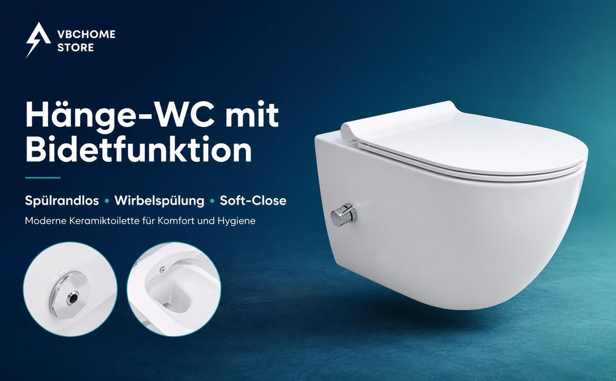 VBChome Hänge-WC mit Bidetfunktion Spülrandloses Weiß Keramiktoilette mit Wirbelspülung WC-Sitz Absenkautomatik Rimless SoftClose-Funktion 36×50×37 cm