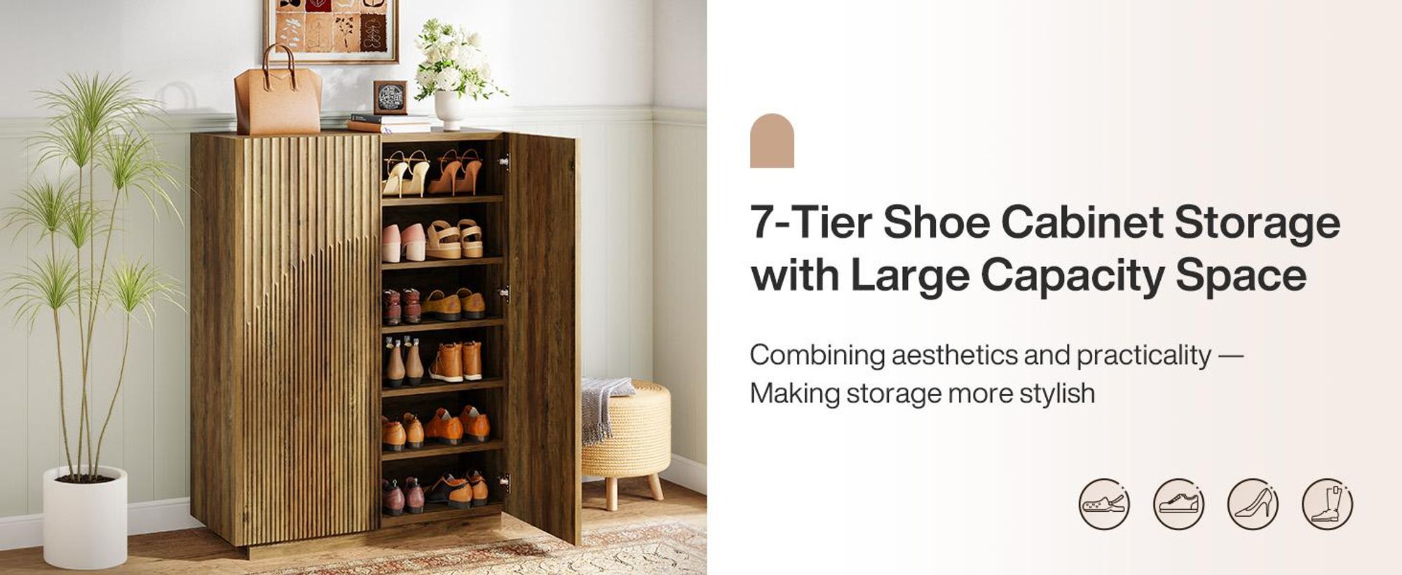 Schuhschrank mit 2 Türen, 6-stöckiger Schuhschrank für den Eingangsbereich, 25 Paar Holzschränke, moderner Aufbewahrungsschrank in Braun
