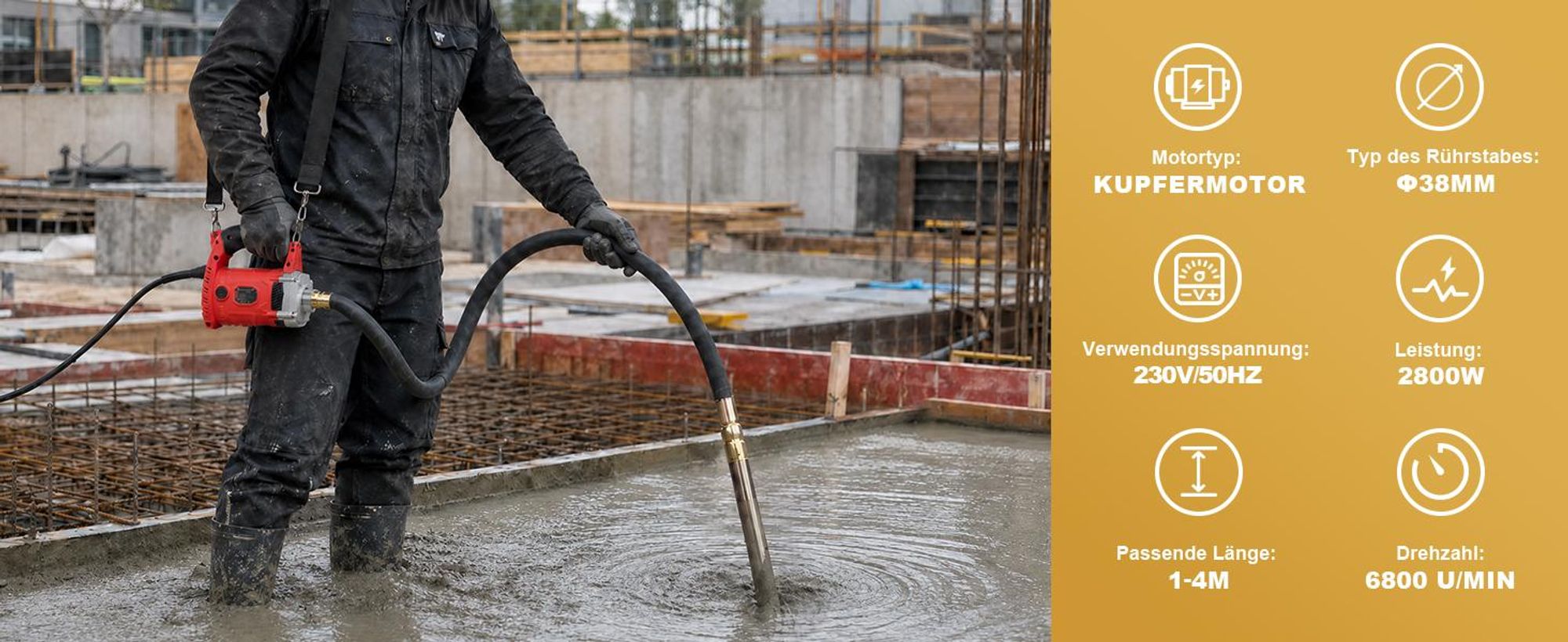Betonrüttler | 2800W | 2M Schlauchlänge | 6800 U/min | Ø38mm | Beton Innenrüttler | Handrüttler | Rüttelflasche | Flaschenrüttler | Betonverdichter