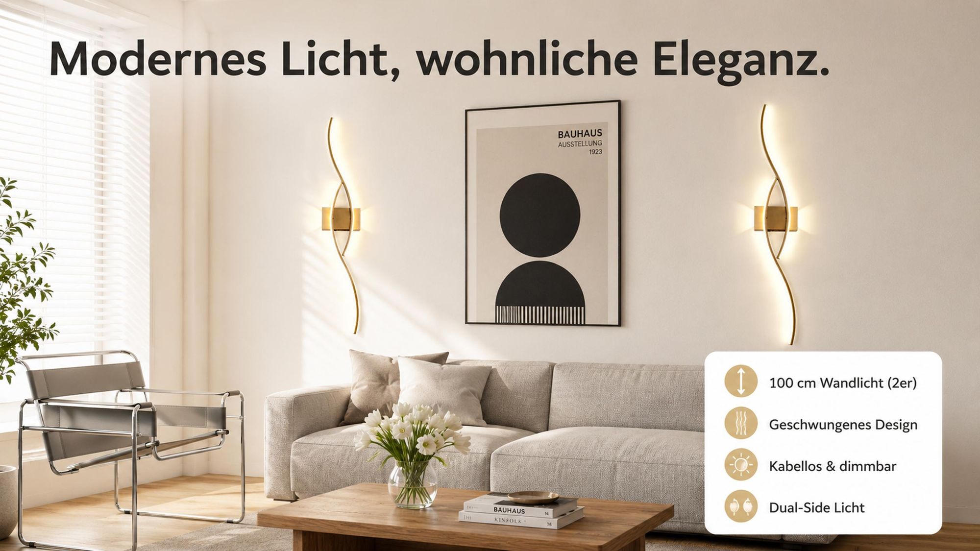 Akku Wandleuchte Innen 100cm 1Stk, Kabellos Wandlampe Gold mit Fernbedienung & Schalter 10000mAh Dual-Seitenlicht Flur Treppenhaus Schlafzimmer