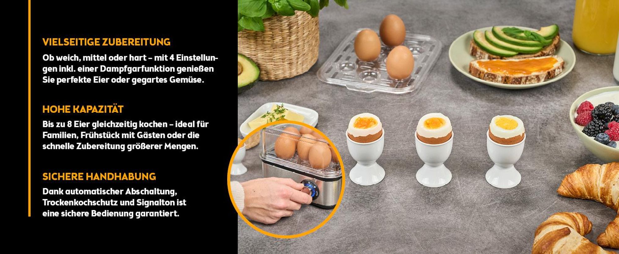 TZS First Austria Eierkocher, 8 Eier, 4 Kochstufen, Dampfgarfunktion, Abschaltung mit Signalton, Trockenkochschutz, Pochierschale, Kompakt
