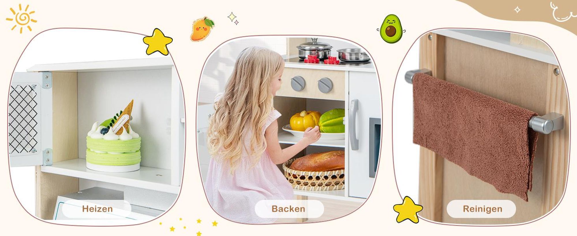 COSTWAY Kinderküche Spielküche inkl. 18 Zubehör, Kinder Küche Holz mit Spüle Mikrowelle Eismaschine Backofen, Dunstabzugshauben für Kinder 3+, Weiß