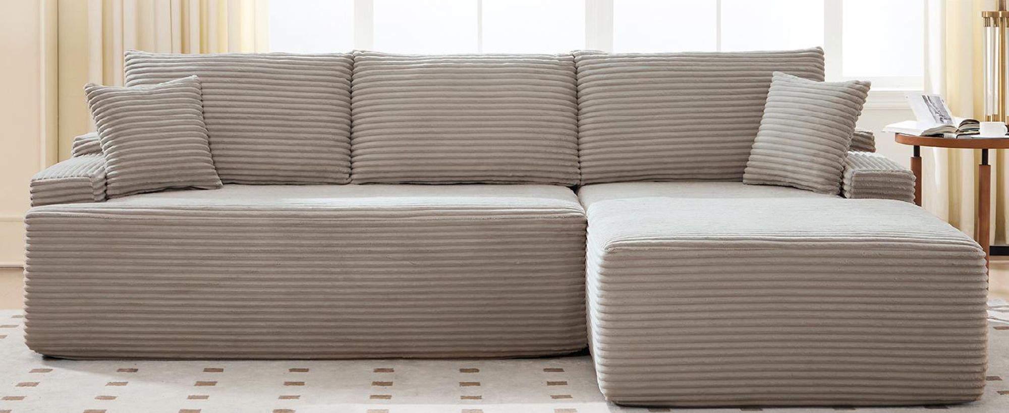 Juskys Sofa Coredo - Taupe, moderne Couch aus Cord mit Kissen, Ottomane rechts