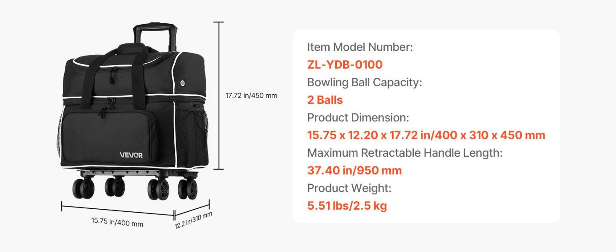 VEVOR Bowlingballtasche, 2-Ball-Doppelroller-Bowlingtasche mit Rädern, mit einem separaten Fach für Schuhe (bis US-Größe 16) und übergroßer Zubehörtasche, ausziehbarer Griff bis 1050 mm, Schwarz und Weiß-2 Bälle