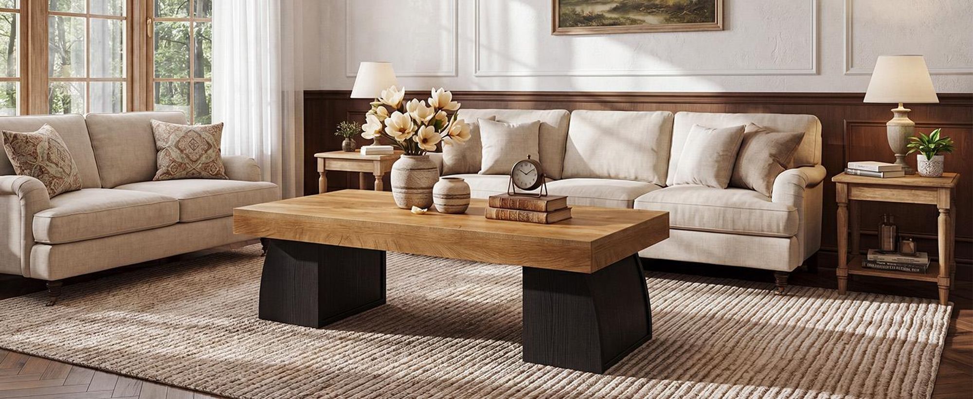 Wanbor  Couchtisch, Industrieller Couchtisch mit schwarzem Gestell, Moderner Beistelltisch aus Holz für Wohnzimmer, Holzmaserung und Schwarz
