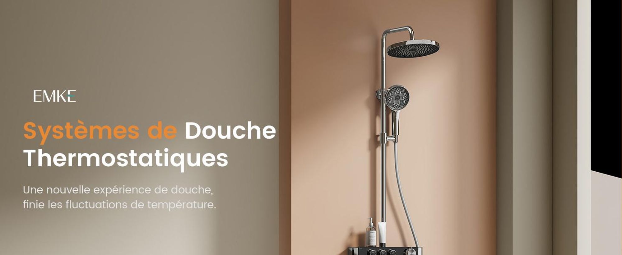 EMKE Système de douche avec thermostat Chrome Débit d'eau réglable 260mm Rond Douche à effet pluie, départ & bec de baignoire F28