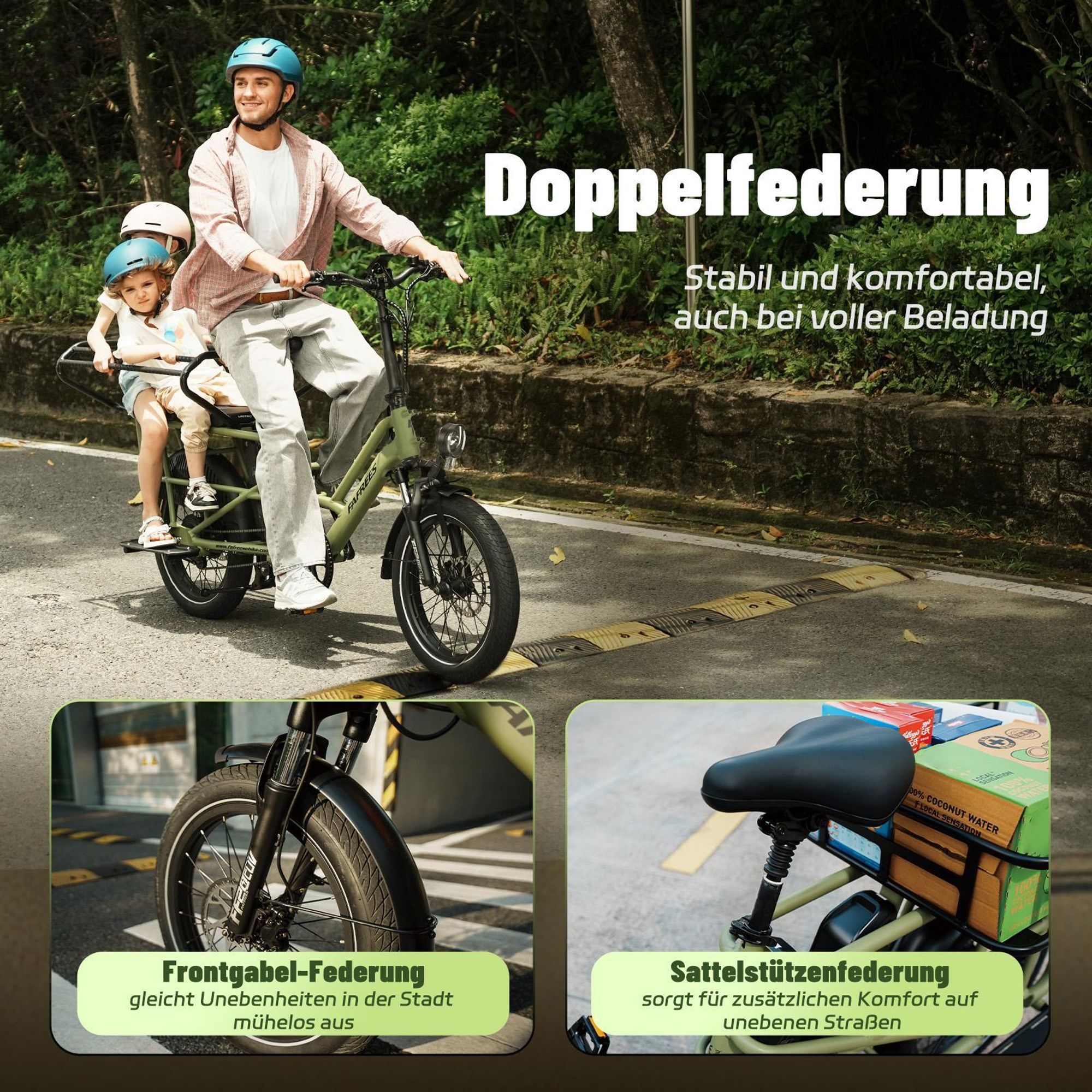 Doppelter Kindersitz für E-Bike 0-12 Jahre 100kg Traglast rostfreier Stahl Grün