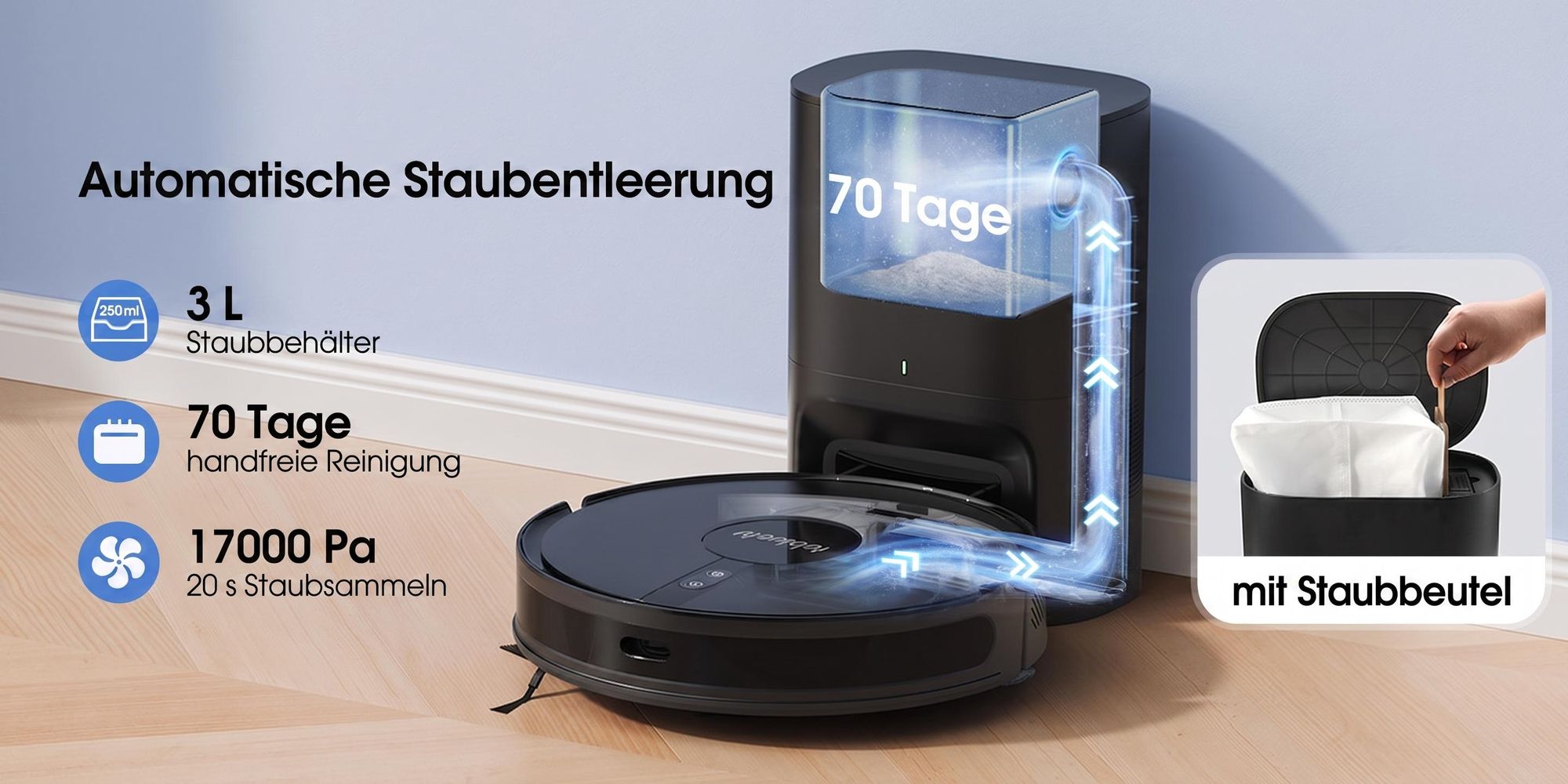 Lubluelu B40 Plus Staubsauger Roboter, 17000Pa Saugkraft, 20S Selbstentleerung, 3-in-1 Saugen & Wischen, Automatische Aufladung, Ideal für Tierhaare