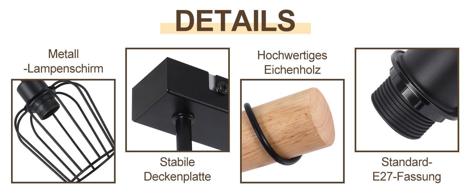 ZMH Deckenleuchte Wohnzimmer Vintage Deckenlampe Holz Schwarz Wohnzimmerlampe im Industrial Design aus Metall E27 Deckenbeleuchtung für Küche Esszimmer Schlafzimmer - ohne Leuchtmittel
