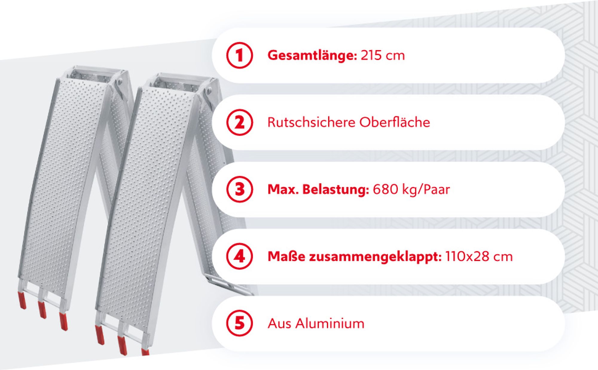 Wiltec 2x Auffahrrampe 215 cm 680 kg für Quad ATV Motorrad, Aluminium Auffahrschiene faltbar, Verladerampe rutschsicher