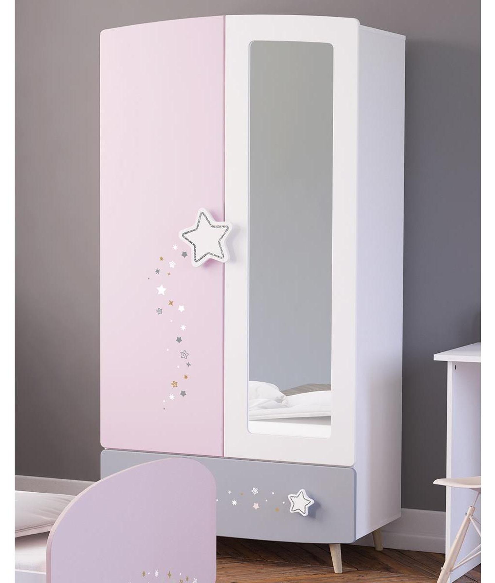 "Savannah I" – Kinder-Kleiderschrank in Pastellfarben mit Spiegel und Sternmotiv