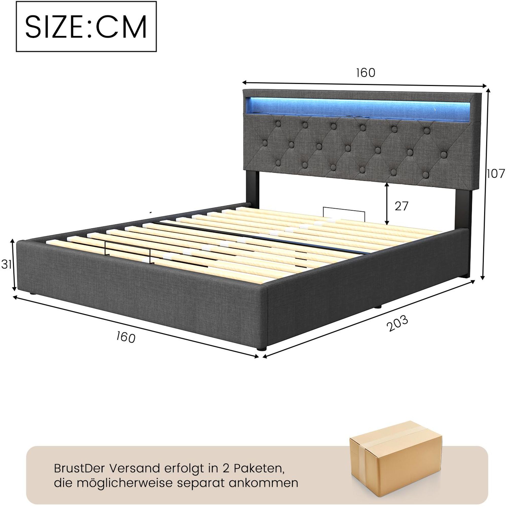 OYAJIA  Polsterbett 160x200cm mit Ladefunktion (USB&Typ-c), Jugendbett Doppelbett Stauraumbett mit LED, Hydraulisches Boxspringbett, Leinen, Grau