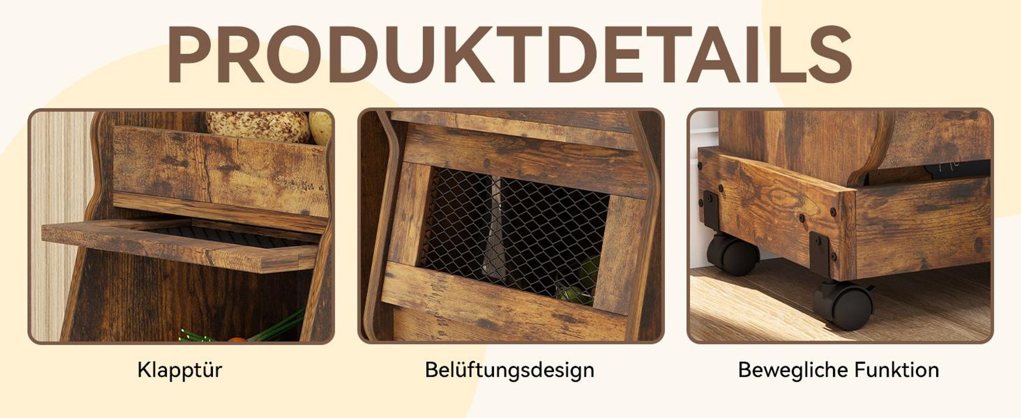Puluomis Küchenregal Gemüsebehälter mit Rollen, Gemüsebox mit Belüftung und Brotfach, Aufbewahrung von Gemüse und Obst, Kartoffelbox schwarz braun