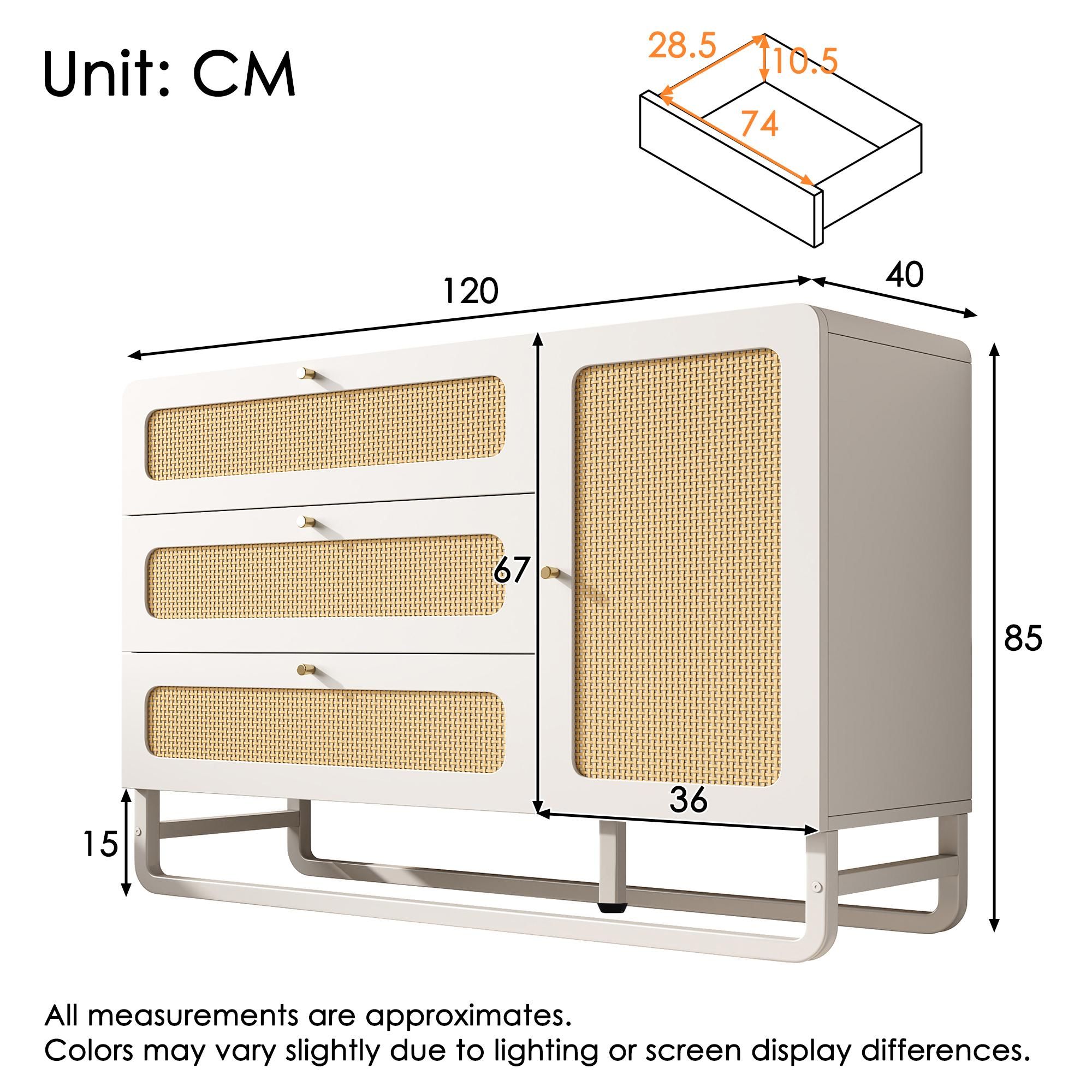 Flieks Kommode Wohnzimmerschrank Rattan mit 3 Schubladen und Tür, Sideboard Anrichte mit verstellbaren Einlegeböden, 120x40x85 cm, Weiß