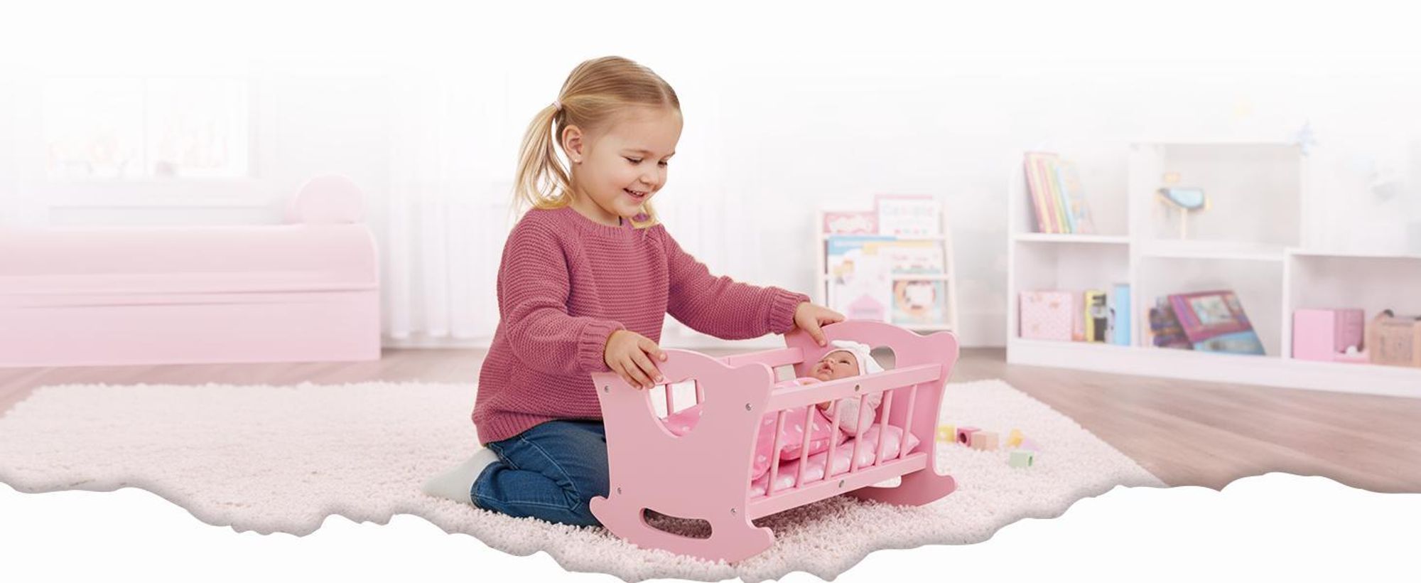 Kinderplay Holzpuppenwiege mit Bettwäsche – große Puppen-Schaukelwiege aus Holz für Puppen bis 49,5 cm – mit Matratze, Kissen und Decke – Modell GS2106