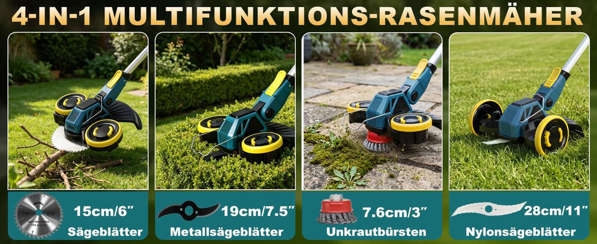 Akku Rasentrimmer, 4in1 Rasenkantenschneider, mit 2× 4000mAh Akku, kompatibel mit  Makita-Akkus, Bürstenloser Motor, Gartengerate mit Unkrautbürste