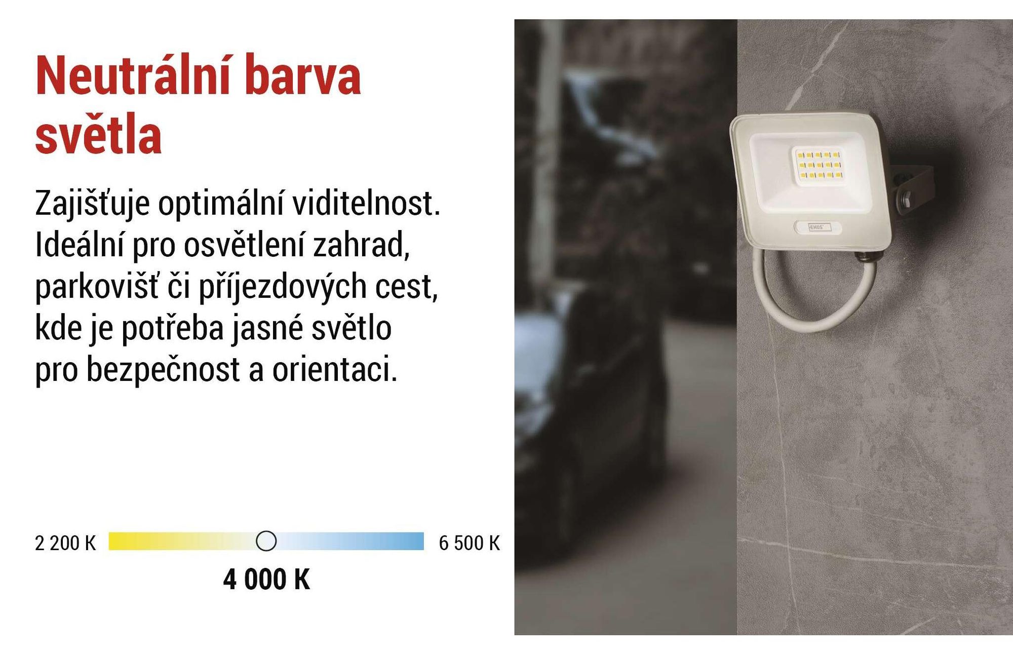 EMOS LED hliníkový reflektor GLARO 10W, IP65 vodotěsný pro venkovní prostory, 1000lm, neutrální bílá 4000K, 20cm gumový kabel, bílý, ZS2214W