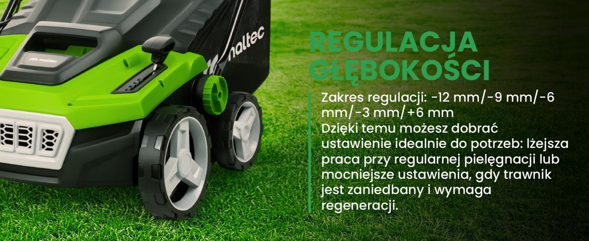 Elektryczny wertykulator kultywator areator do trawnika MalTec usuwanie mchu szerokość 38 cm 5 stopni wysokości pracy
